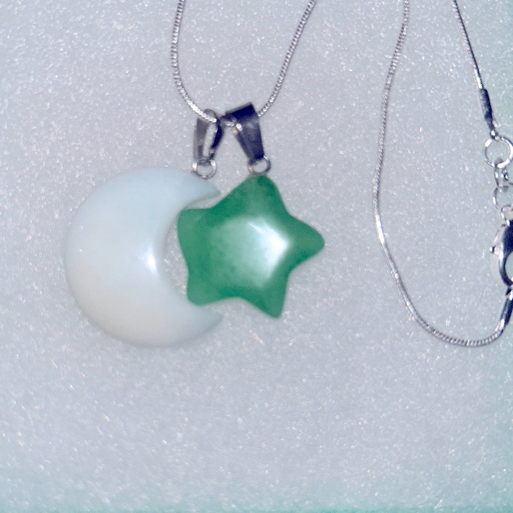 Jade Star and Amazonite Crystal moon sterling silver 16” necklace